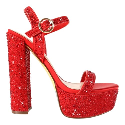 Liliana Womens Rhinestones Ankle Strap Chunky High Heels Sandals Fabiosa Red 6