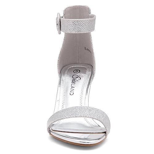 Shoe Land Women’s High Heel Sandals | Strappy Slingback Heels with Square Open Toe | Ankle Strap Dressy Stilettos for Wedding, Party & Evening Events 2025, SilverShimmer