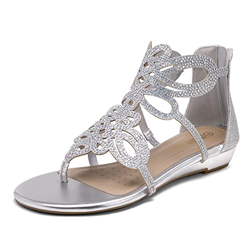 DREAM PAIRS Women's Jewel Rhinestones Design Ankle High Flat Sandals