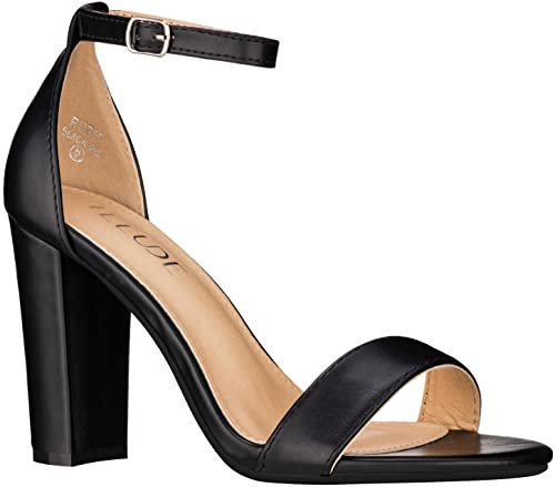 ILLUDE Women’s Open Toe Ankle Strap Chunky Block High Heel - Formal, Wedding, Party Classic Heeled Sandals - Ruby (6, Black PU)