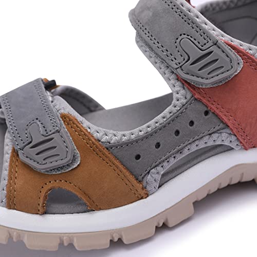 Harssidanzar Women's Leather Sandals Outdoor Sandals Hiking Casual Walking Sandals Strap Open Toe Sport Sandals For Women SL256USA,Tan Grey Size 9.5