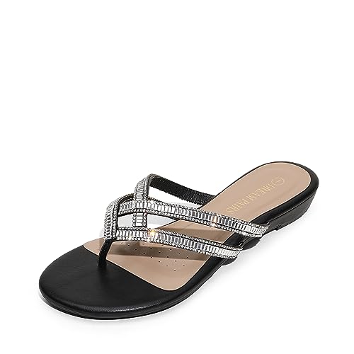 DREAM PAIRS Women's Fashion Rhinestones Design Slides Sandals Dress Daily Flat Sandals for Summer