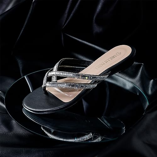 DREAM PAIRS Women's Fashion Rhinestones Design Slides Sandals Dress Daily Flat Sandals for Summer