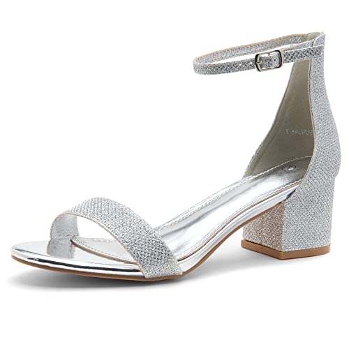 Herstyle Women’s Low Heels – Open Toe Chunky Block Heeled Sandals with Ankle Strap | Comfortable Dressy Short Heels for Prom, Wedding, Party & Office, SilverShimmer