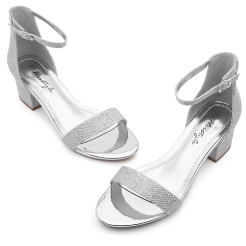 Herstyle Women’s Low Heels – Open Toe Chunky Block Heeled Sandals with Ankle Strap | Comfortable Dressy Short Heels for Prom, Wedding, Party & Office, SilverShimmer