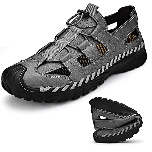HESBITEUL Mens Closed Toe Sandals, Sport Sandals Casual Leather Handmade Sandals Adjustable Fisherman Beach Sandals For Outdoor Walking Driving