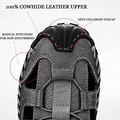 HESBITEUL Mens Closed Toe Sandals, Sport Sandals Casual Leather Handmade Sandals Adjustable Fisherman Beach Sandals For Outdoor Walking Driving