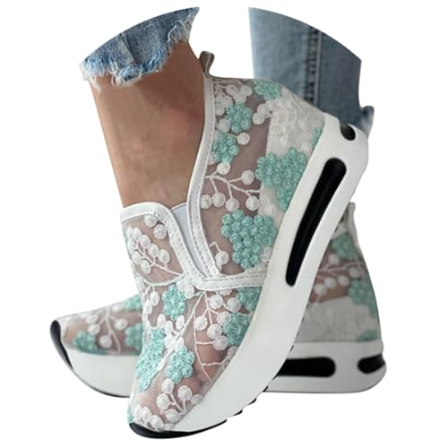 Fashion Sneakers for Women 2023 Floral Embroidery Breathable Sheer Mesh Sneakers Slip On Sneakers Platform Wedge Sneakers Dressy Casual Shoes Walking Sneakers (A-Green