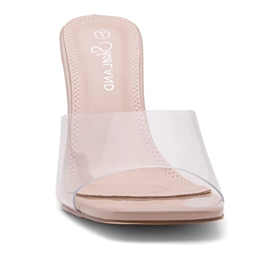 Shoe Land Melrose Women's High Heels Stiletto Heeled Slides, Square Open Toe One Band Slip-On Heeled Mules – Dressy Clear Heeled Sandals for Prom Party Wedding and Vacation, Nude