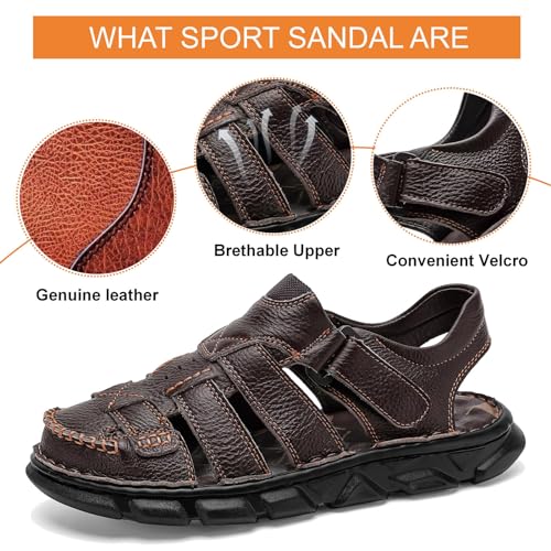 Moodeng Men's Leather Sandals Outdoor Sport Sandals Athletic Closed Toe Sandals Hand Sewing Comfortable Walking