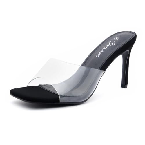 Shoe Land Melrose Women's High Heels Stiletto Heeled Slides, Square Open Toe One Band Slip-On Heeled Mules – Dressy Clear Heeled Sandals for Prom Party Wedding and Vacation, ClearBlack