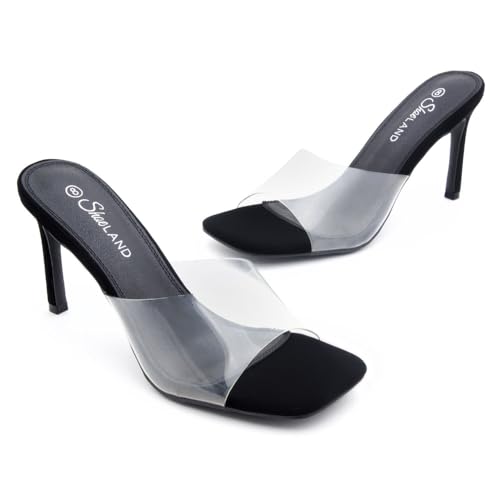 Shoe Land Melrose Women's High Heels Stiletto Heeled Slides, Square Open Toe One Band Slip-On Heeled Mules – Dressy Clear Heeled Sandals for Prom Party Wedding and Vacation, ClearBlack