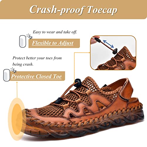 Qiucdzi Mens Closed Toe Sandals, Sport Sandals Casual Leather Handmade Sandals Adjustable Fisherman Beach Sandals For Outdoor Walking Driving,Brown