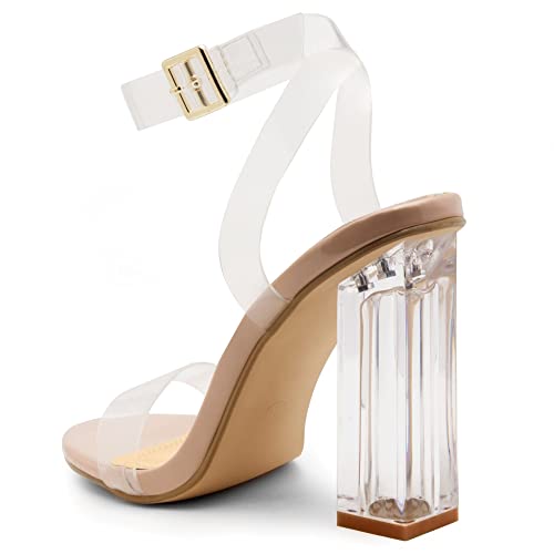 Shoe Land Womens SL-Cllaary Clear Heels Open Toe Ankle Strap Chunky Block Heeled Sandals Dress Pump Wedding Party Shoes, ClearNude