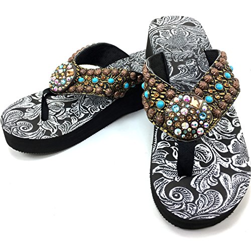 Western Peak Women's Full Rhinestones Round Concho Bronze Brown Turquoise Flip Flops Sandals (7)