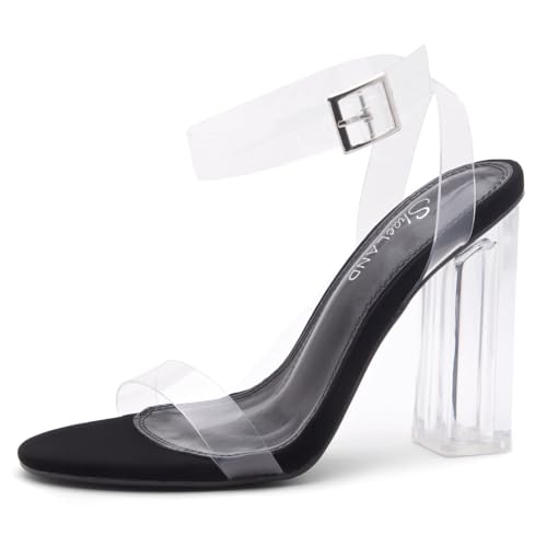 Shoe Land Womens SL-Cllaary Clear Heels Open Toe Ankle Strap Chunky Block Heeled Sandals Dress Pump Wedding Party Shoes, ClearBlack