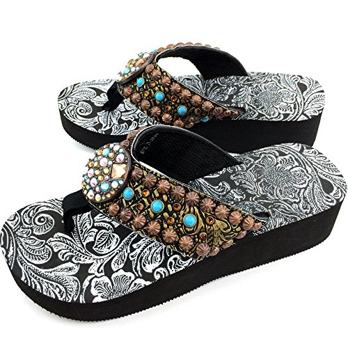 Western Peak Women's Full Rhinestones Round Concho Bronze Brown Turquoise Flip Flops Sandals (7)