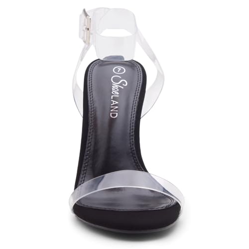 Shoe Land Womens SL-Cllaary Clear Heels Open Toe Ankle Strap Chunky Block Heeled Sandals Dress Pump Wedding Party Shoes, ClearBlack