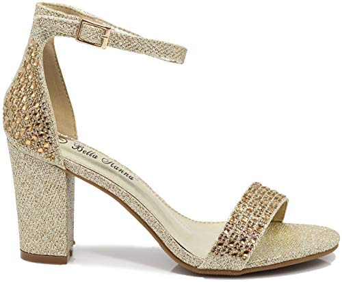Enzo Romeo Ivka Women's Pointy Toe High Mid Chunky Block Heel Sexy Ankle Strap Sandals Ballerina Dress Pump Ballet Wedding Patent Harlow Pump Shoes (7.5, Gold_RS)