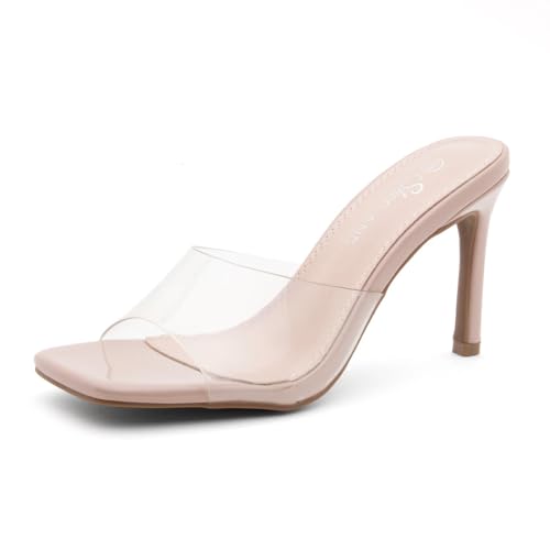 Shoe Land Melrose Women's High Heels Stiletto Heeled Slides, Square Open Toe One Band Slip-On Heeled Mules – Dressy Clear Heeled Sandals for Prom Party Wedding and Vacation, ClearNude