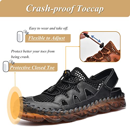 Qiucdzi Mens Closed Toe Sandals, Sport Sandals Casual Leather Handmade Sandals Adjustable Fisherman Beach Sandals For Outdoor Walking Driving,Black