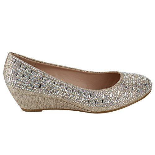 Forever Womens Low Wedge Heel Closed Toe Wedding Party Dress Sandals Shoes Champagne
