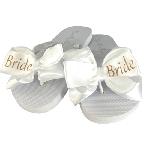 Bow Flip Flops with Gold & White Bride Glitter for White Flat Wedding Sandals (11)