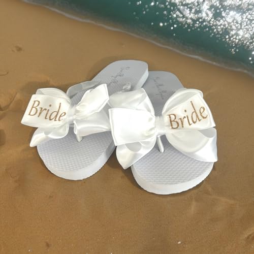 Bow Flip Flops with Gold & White Bride Glitter for White Flat Wedding Sandals (11)