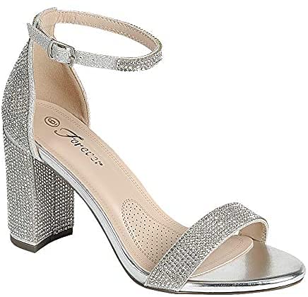 Forever Link Hopeful 8 Woman's Rhinestones Open Toe Ankle Strap Chunky Heel Sandals Silver 7.5