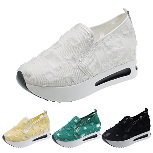 Fashion Sneakers for Women 2023 Floral Embroidery Breathable Sheer Mesh Sneakers Slip On Sneakers Platform Wedge Sneakers Dressy Casual Shoes Walking Sneakers (C-White