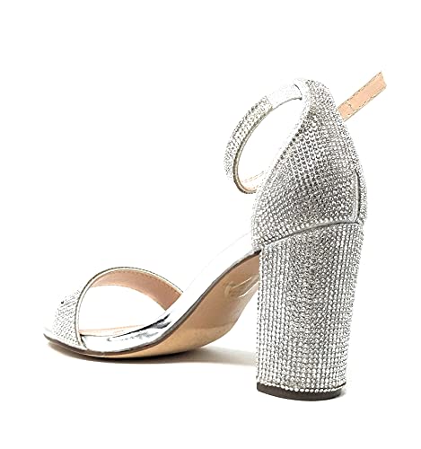 Forever Link Hopeful 8 Woman's Rhinestones Open Toe Ankle Strap Chunky Heel Sandals Silver 7.5