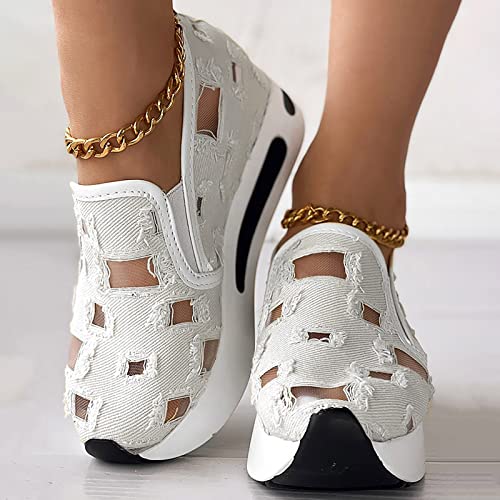 Fashion Sneakers for Women 2023 Floral Embroidery Breathable Sheer Mesh Sneakers Slip On Sneakers Platform Wedge Sneakers Dressy Casual Shoes Walking Sneakers (C-White