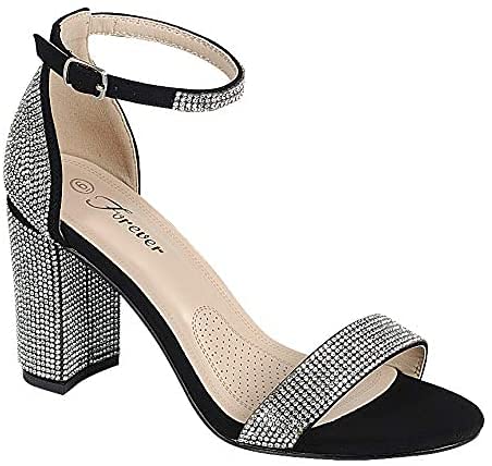 Forever Link Hopeful 8 Woman's Rhinestones Open Toe Ankle Strap Chunky Heel Sandals Black 8