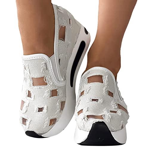 Fashion Sneakers for Women 2023 Floral Embroidery Breathable Sheer Mesh Sneakers Slip On Sneakers Platform Wedge Sneakers Dressy Casual Shoes Walking Sneakers (C-White