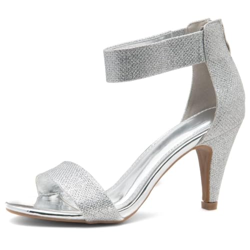 Herstyle RROSE Women's Chunky Low Heels Open Toe Ankle Strap Heeled Sandals with Back Zipper Dressy Pumps Shoes for Wedding Prom Party Office, Silver