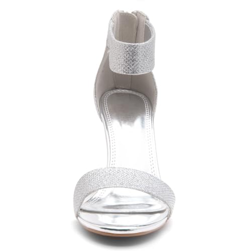 Herstyle RROSE Women's Chunky Low Heels Open Toe Ankle Strap Heeled Sandals with Back Zipper Dressy Pumps Shoes for Wedding Prom Party Office, Silver