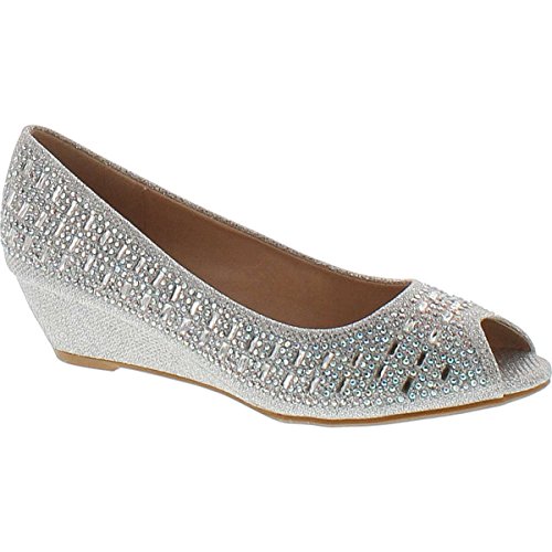 Forever Womens Low Wedge Heel Peep Toe Wedding Party Dress Sandals Shoes,Silver