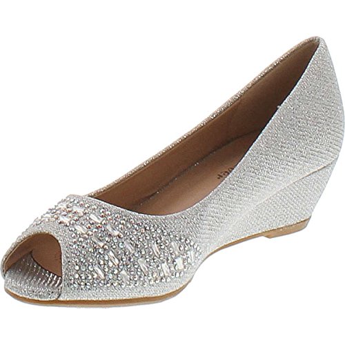 Forever Womens Low Wedge Heel Peep Toe Wedding Party Dress Sandals Shoes,Silver