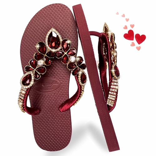 AdDRESSingMe Burgundy Size 8 Glam Rhinestones Flip Flops for Women Burgundy Sandals for Women Chanclas para Mujer Rhinestone Sandals for Women Dressy Sparkly Sandals for Women Dressy Flip Flops Sandalias para Mujer Elegantes