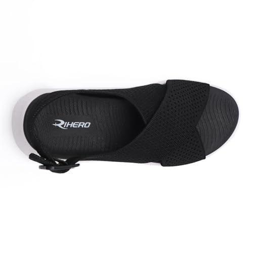 Rihero Black Platform Sandals Women Comfortable Sport Walking Sandals Open Toe Comfy Orthopedic Arch Support Sandals Size 9.5