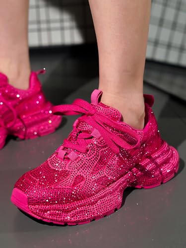 Cape Robbin Johanna Sneakers, Chunky Sneakers Women, Trendy Rhinestone Platform Sneakers, Chunky Black & White Sneakers Women - Fuchsia Size 9