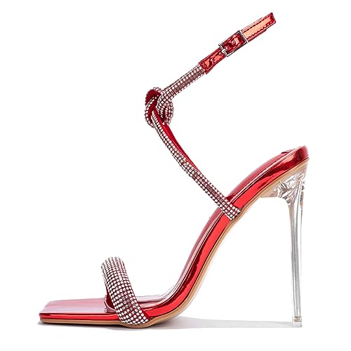 Cape Robbin Women's Clear Stiletto Heels - Open Square Toe Ankle Strap Dress Sandals with Rhinestones (Lexington) - Red Size 11