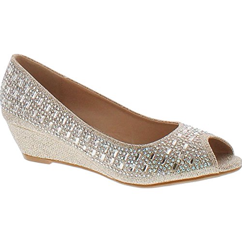 Forever Womens Low Wedge Heel Peep Toe Wedding Party Dress Sandals Shoes,Champagne
