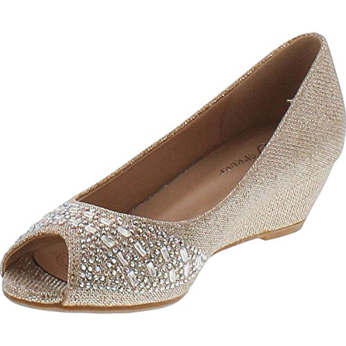 Forever Womens Low Wedge Heel Peep Toe Wedding Party Dress Sandals Shoes,Champagne