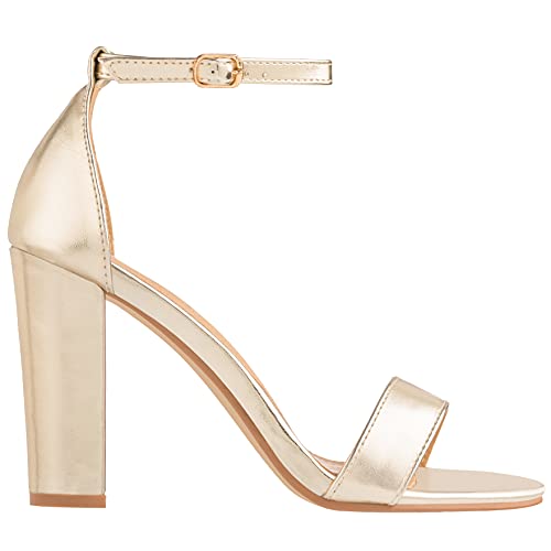 ILLUDE Women’s Open Toe Ankle Strap Chunky Block High Heel - Formal, Wedding, Party Classic Heeled Sandals - Ruby (11, Gold PU)
