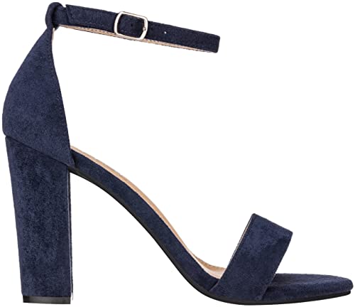 ILLUDE Women’s Open Toe Ankle Strap Chunky Block High Heel - Formal, Wedding, Party Classic Heeled Sandals - Ruby (9, Navy Suede)