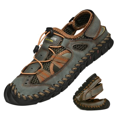 HESBITEUL Men's Sport Sandals Outdoor Hiking Sandals Closed Toe Leather Athletic Lightweight Trail Walking Casual Sandals Water Shoes
