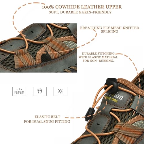 HESBITEUL Men's Sport Sandals Outdoor Hiking Sandals Closed Toe Leather Athletic Lightweight Trail Walking Casual Sandals Water Shoes