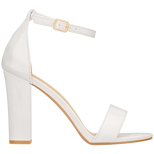 ILLUDE Women’s Open Toe Ankle Strap Chunky Block High Heel - Formal, Wedding, Party Classic Heeled Sandals - Ruby (8.5, White Patent)