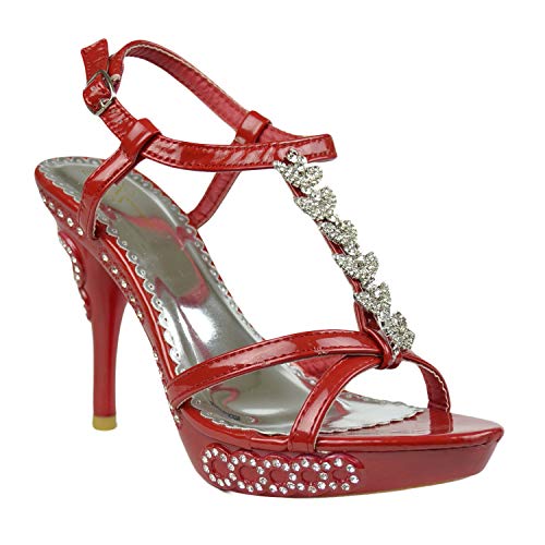 Generation Y Women's High Heels Platform Dress Sandals Angel Wing Rhinestones T Strap Red SZ 5.5